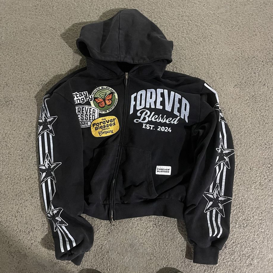 Forever Blessed Print Long Sleeve Zipper Hoodies