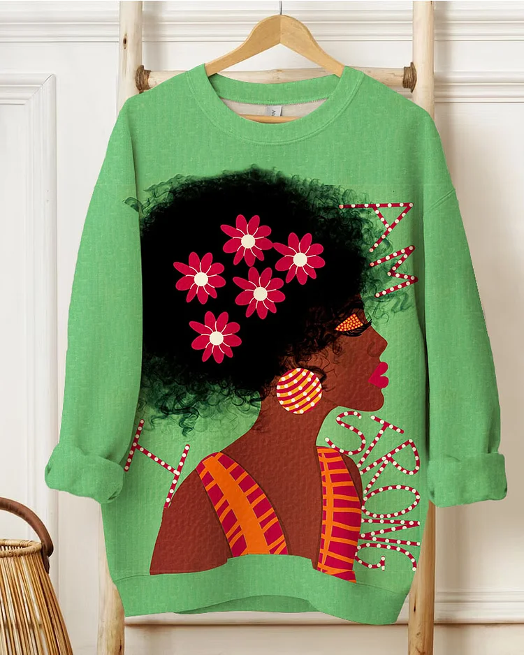 Women's Black Female Illustration I Am Strong Print Crewneck Sweatshirts