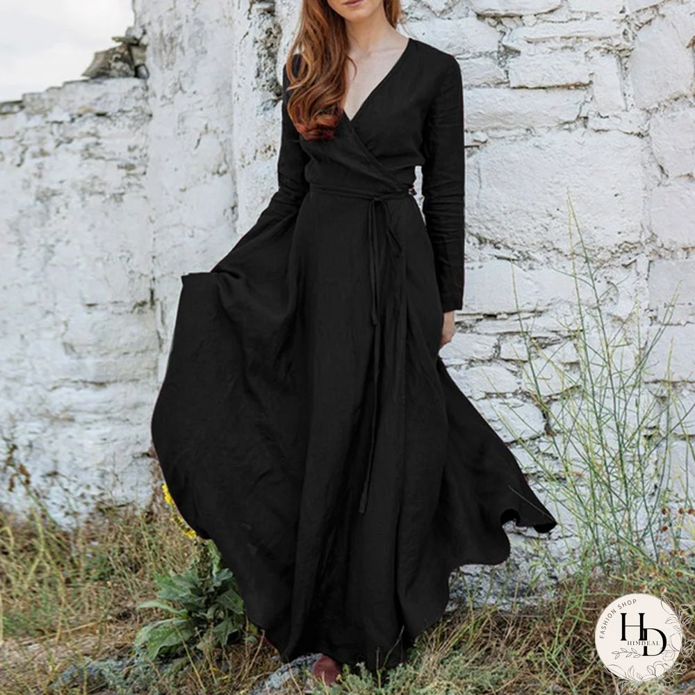 Long Sleeve Dress Fashion Clothes for Women V-neck Bohemian Dress Cotton Loose Dresses