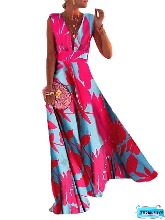 Casual Dress Swing Dress Floral Dress Long Dress Maxi Dress Green Blue Pink Sleeveless Floral Print Spring Summer Deep V Hot Daily S M L XL XXL for Women
