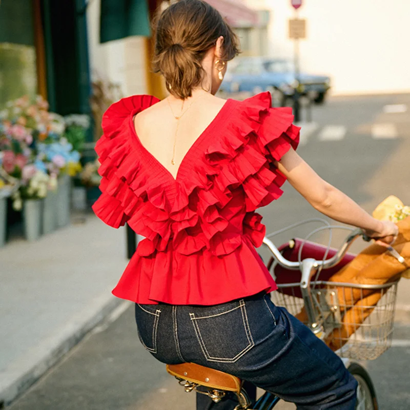 Toloer Toloer Red Casual Patchwork Ruffle Shirts For Women V Neck Short Sleeve Ruched Slim Blouses Female 2023 Summer Fashion New 1127-0-Outfit Ideas