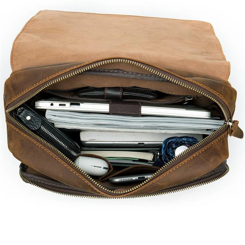 Distinct Vintage Look Genuine Leather Foldover Top Antique Brass Hardware Backpack