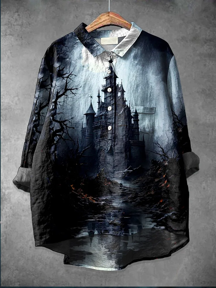 Women's  Halloween Art  Print Casual Cotton And Linen Shirt