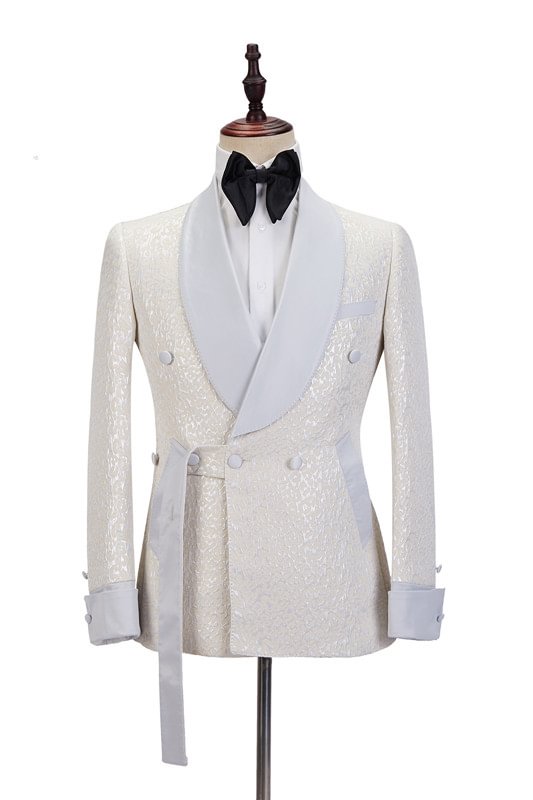 Off White Shiny Slim Fit Shawl Lapel Jacquard Wedding Suit For Men | Ballbellas Ballbellas