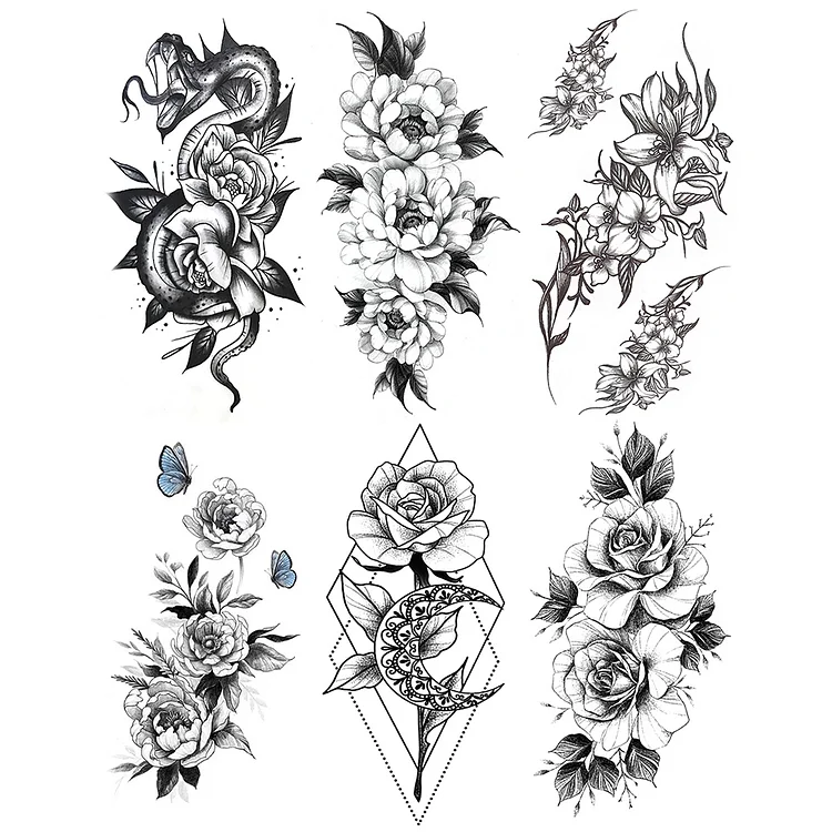 6 Sheets Black Flower Snake Sketch Temporary Tattoo Sticker