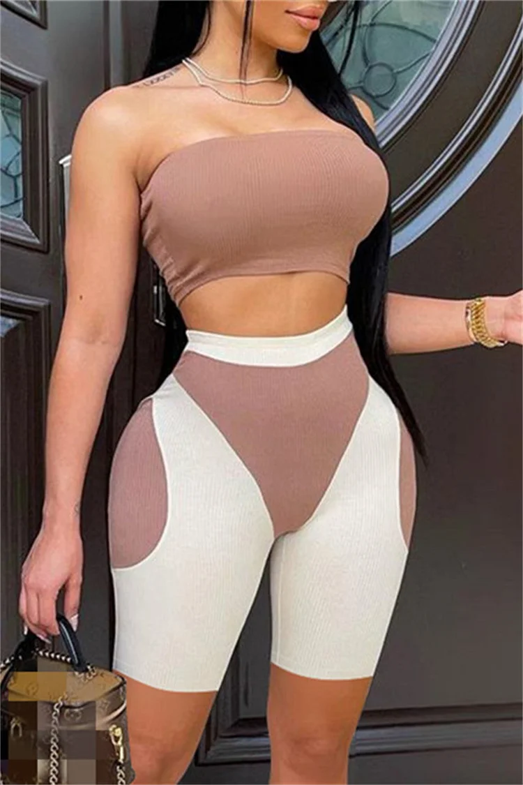 Coffee Fashion Sexy Print Backless Strapless Sleeveless Two Pieces