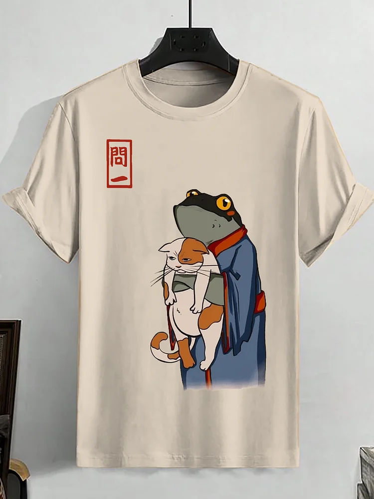 <💯Cotton> Men's Frog In Kimono And Unhappy Cat Japanese Art Print Cotton Casual T-Shirt