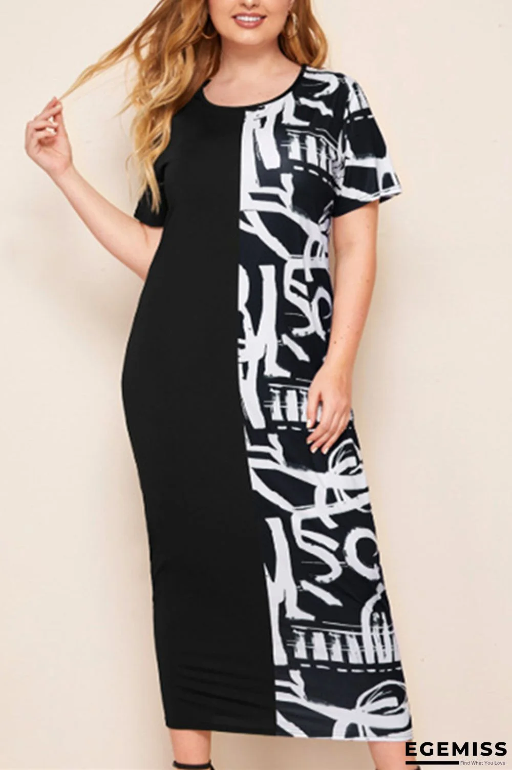 Black Fashion Sexy Printed Short Sleeve Plus Size Dress | EGEMISS