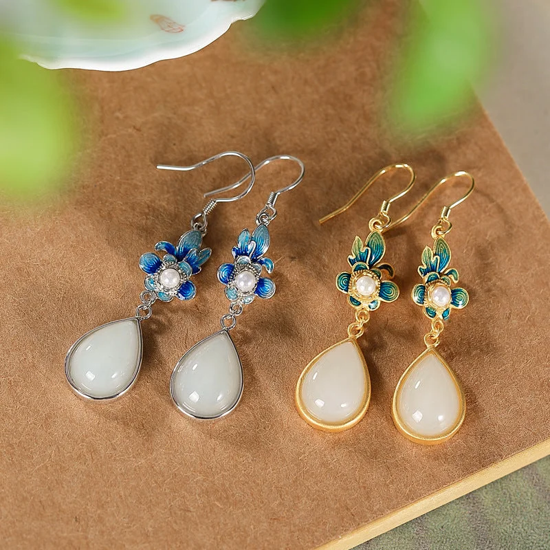 Fengshui Pearl White Jade Luck Drop Earrings