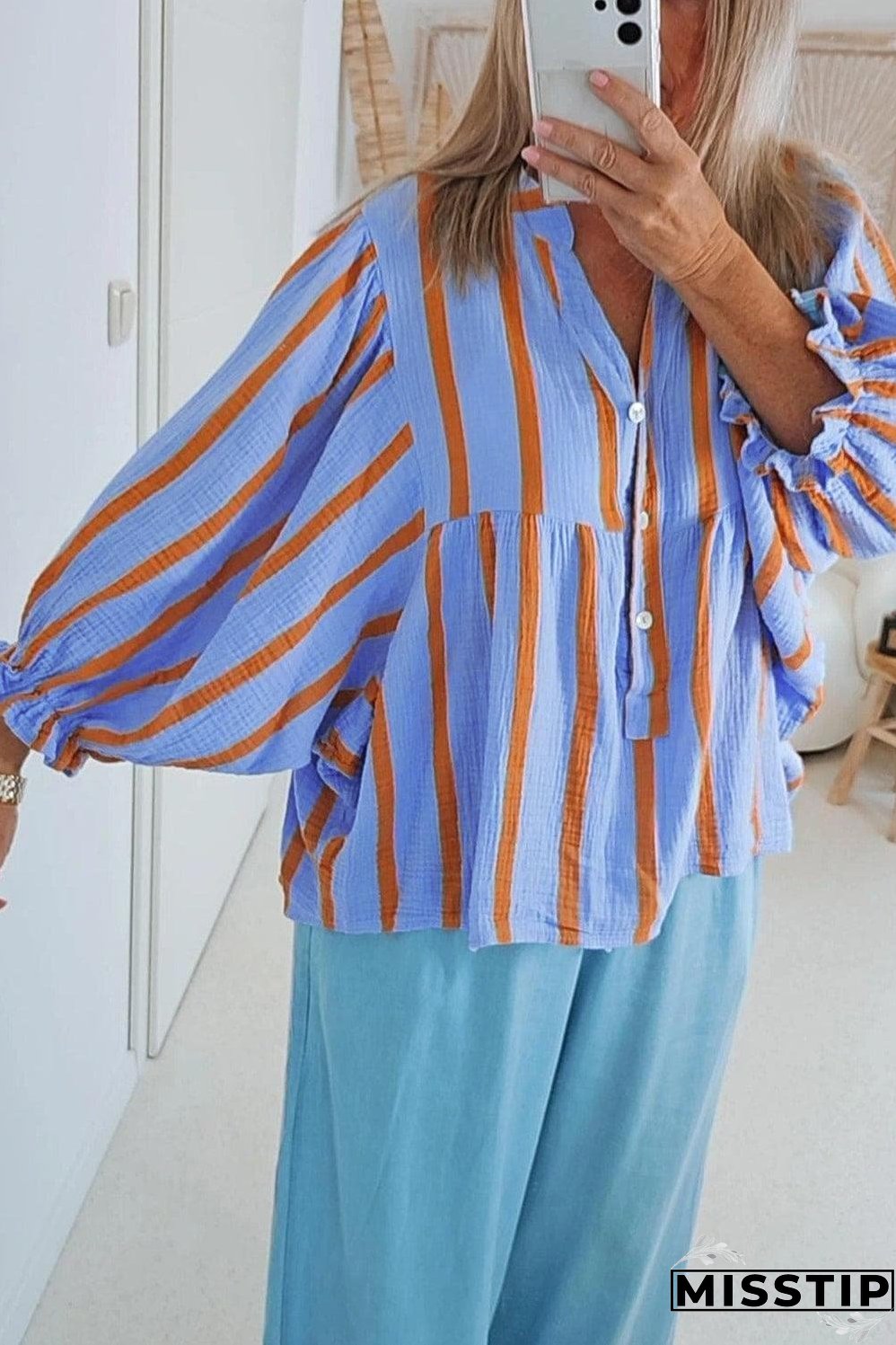 Sky Blue Stripe Crinckled Ruffled Sleeve Button up Loose Shirt