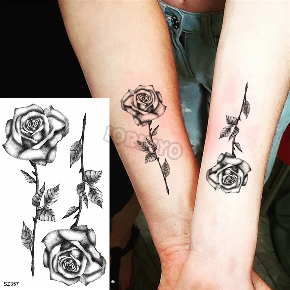 Black Rose Flower Temporary Tattoos For Women Girls Realistic Cosmic Moon Thorns Fake Tattoo Sticker Forearm Tatoos Legs Wedding