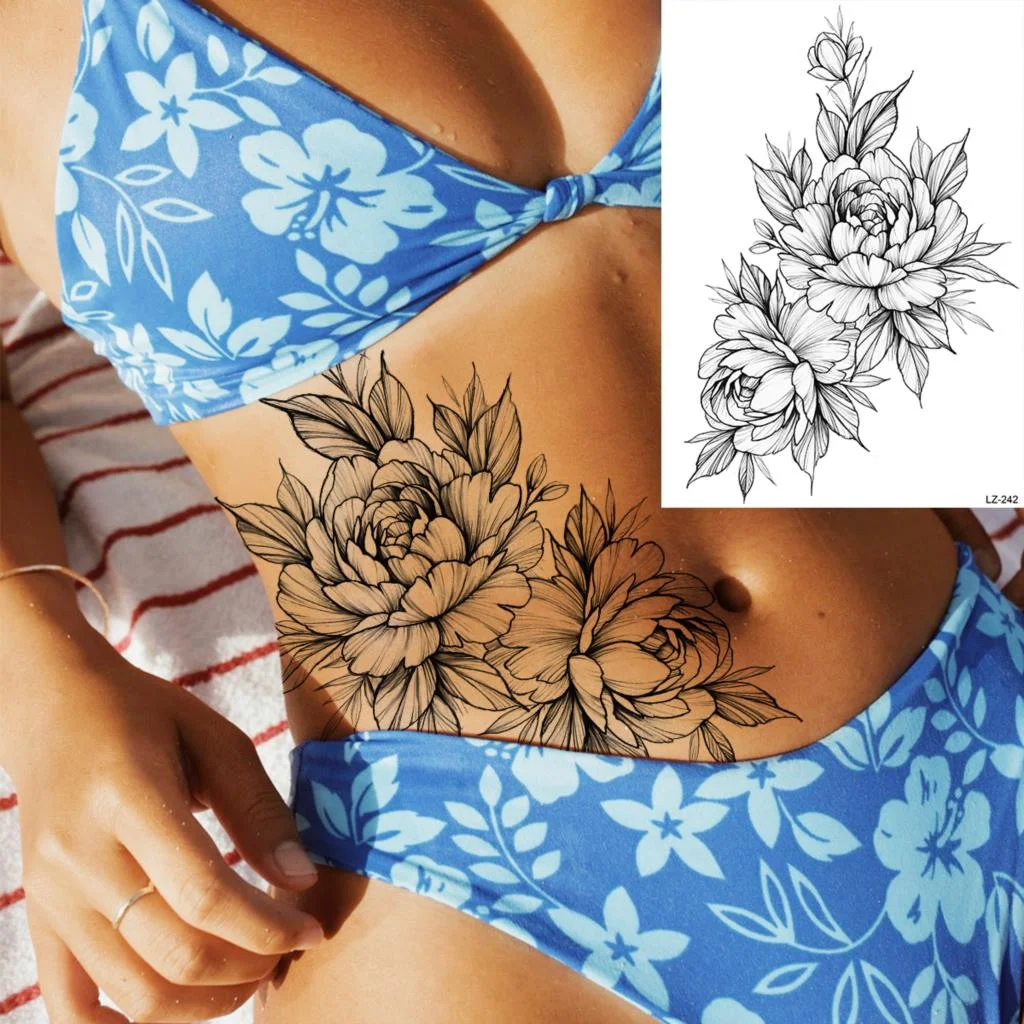 Sdrawing Rose Flower Moon Temporary Tattoos For Women Adult Pendant Peony Lotus Fake Tattoo Calf Thigh Body Art Waterproof Tatoos