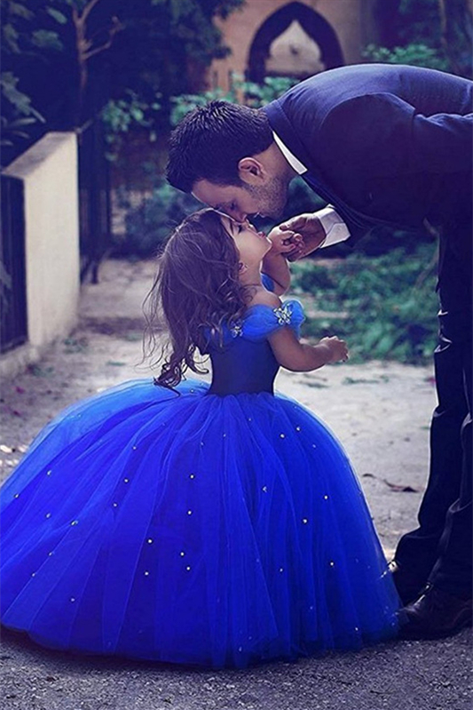 Lovely Royal Blue Off-the-Shoulder Tulle Flower Girl Dress Princess On Sale - lulusllly