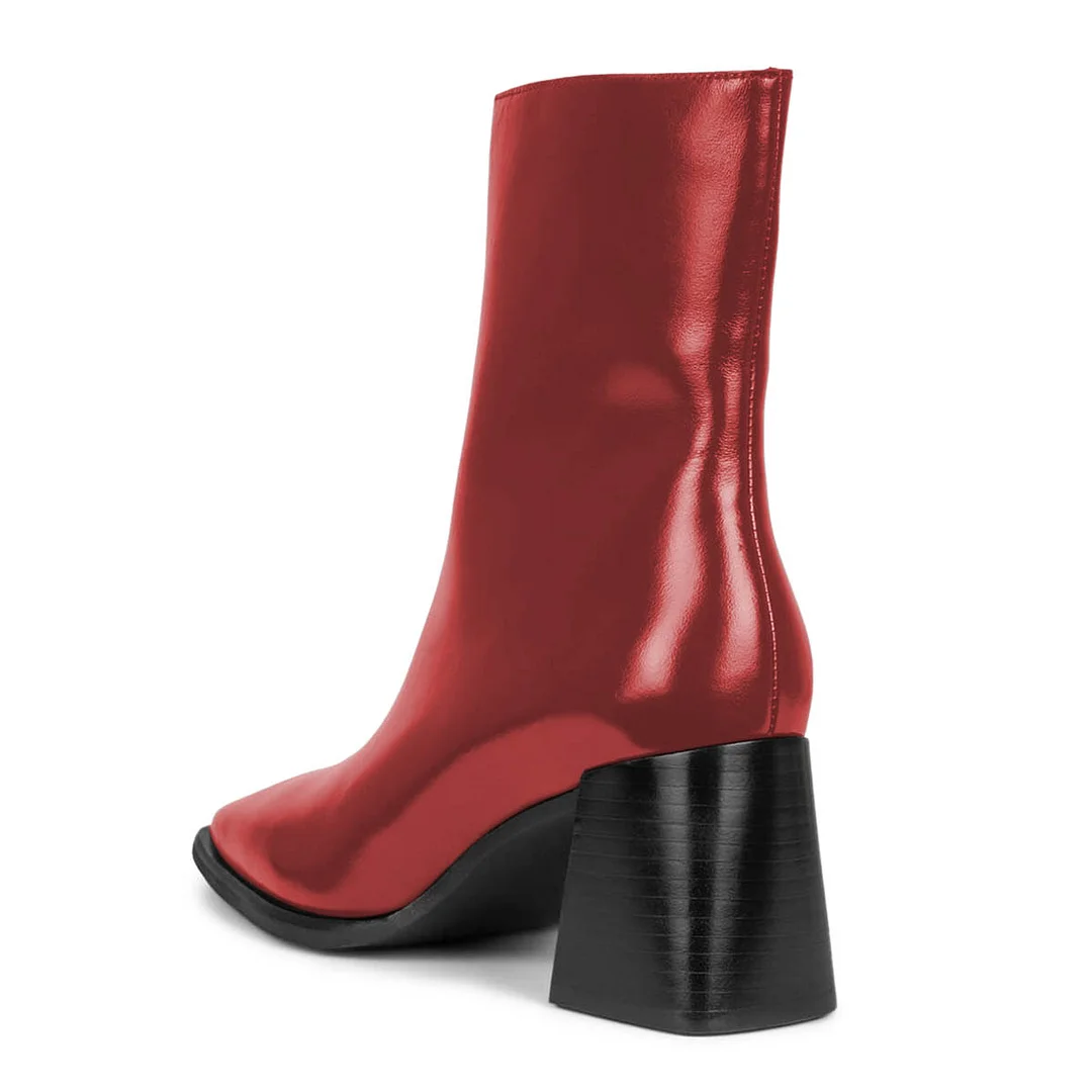 Women's Red Square Toe Chunky Heel Ankle Boots with Side Zipper