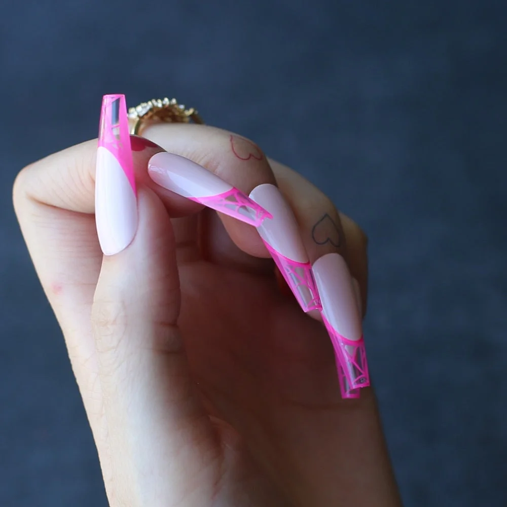 Nude clear artificial coffin fake nails Pink French Spider web extra Gel fasle nails Ballet Art nails 24pcs-Nail Inspo