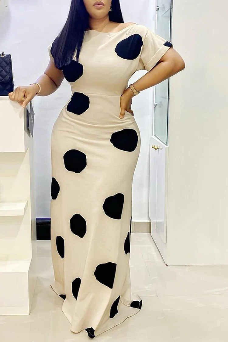 Xpluswear Plus Size Beige Casual Polka Dot Short Sleeves Maxi Dress