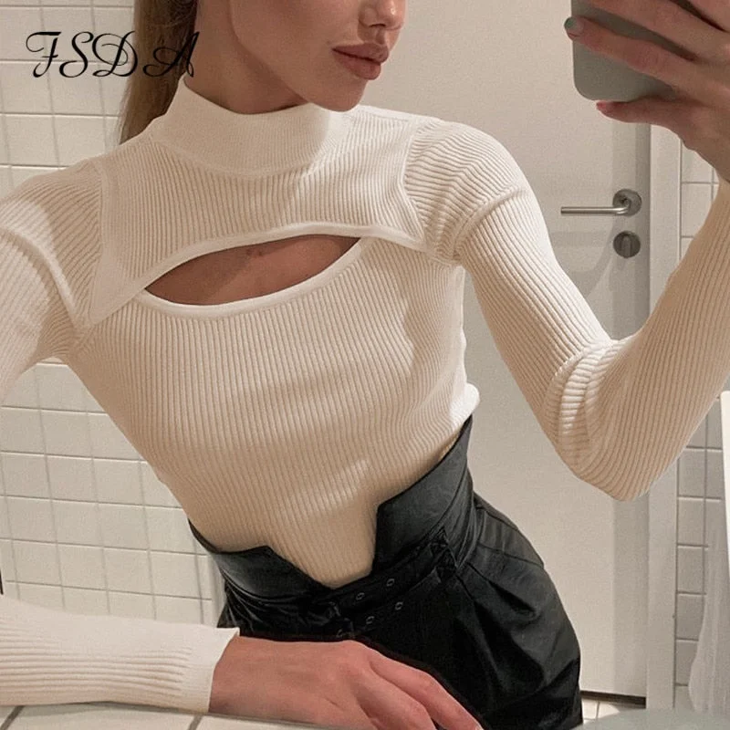 FSDA Long Sleeve 2020 Turtleneck Hollow Out T Shirt Women Black Basic Knitted Top Autumn Winter Casual Sexy Top Shirts Fashion