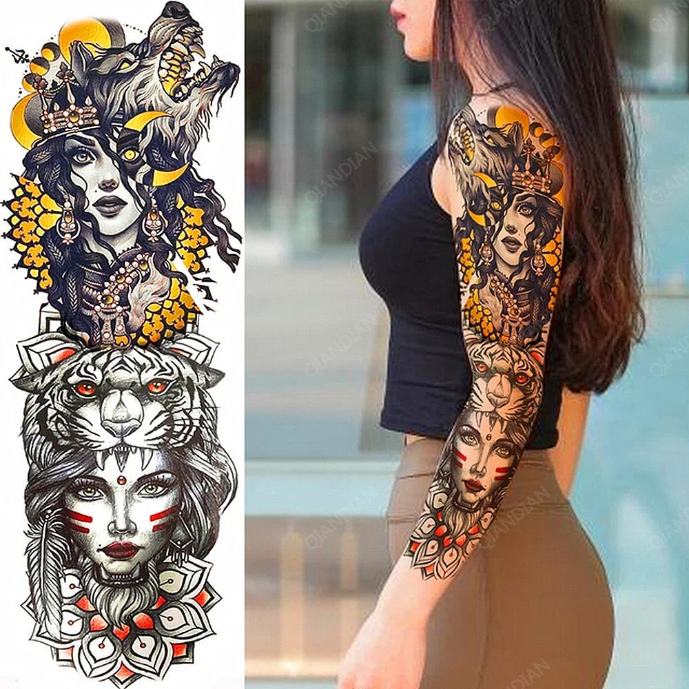 Large Arm Sleeve Tattoo Rose Lion Wolf Waterproof Temporary Tatto Sticker Flower Clock Waist Leg Body Art Full Fake Tatoo Women