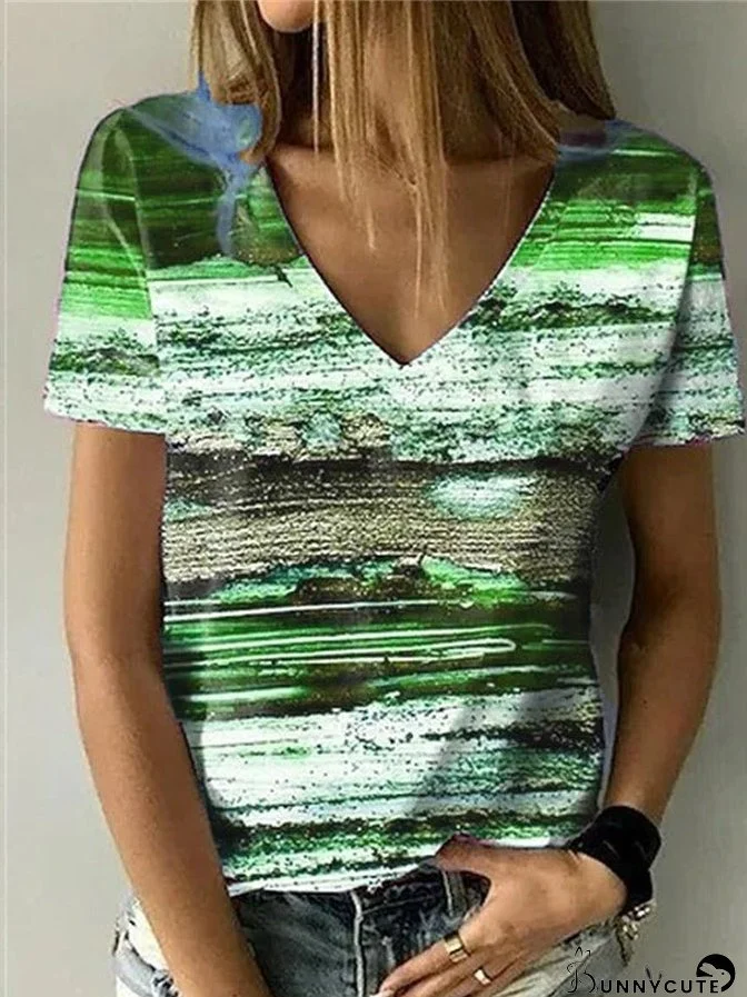 Women's T-Shirts Abstract Painting Tie-Dye Print V-Neck Short Sleeve T-Shirt