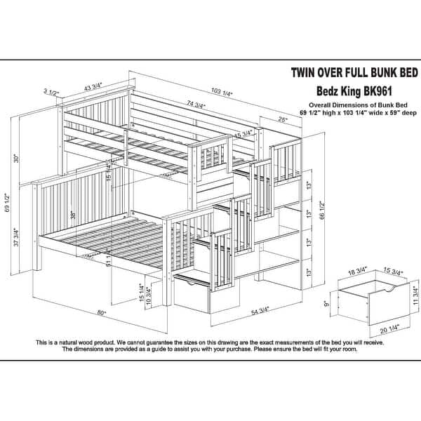 dimension image slide 2 of 9, Taylor & Olive Trillium Twin over Full Stairway Bunk Bed