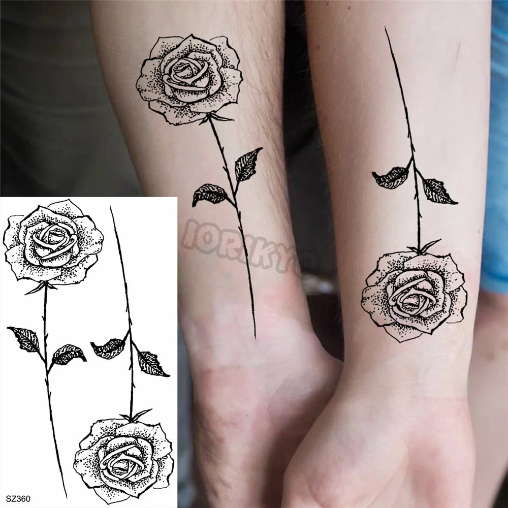 Black Rose Flower Temporary Tattoos For Women Girls Realistic Cosmic Moon Thorns Fake Tattoo Sticker Forearm Tatoos Legs Wedding