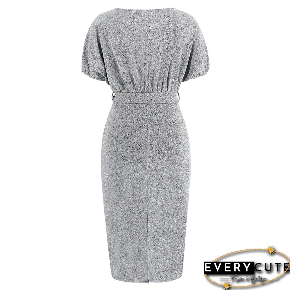 Silver Pleat Short Sleeve Slit Bodycon Dress With Belt
