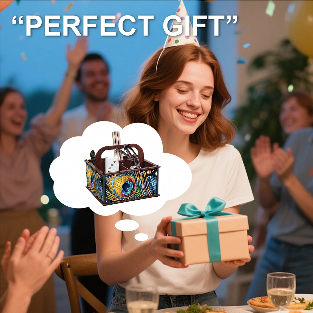 DIY Peacock Feather Wooden Diamond Painting Handheld Storage Box Kit Home Decor