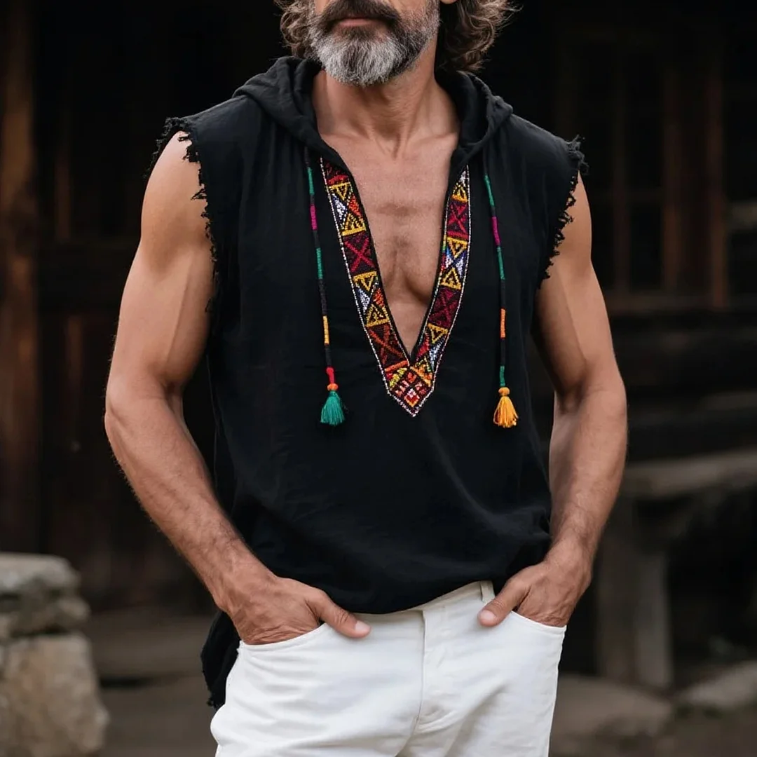  Bohemian Sleeveless Hoodie with Embroidered Details for Men-inspireuse