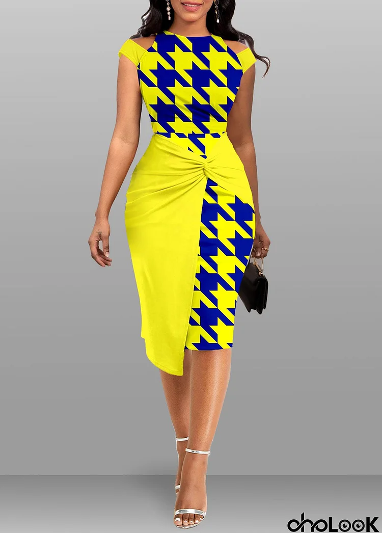 Yellow Twist Geometric Print Bodycon Short Sleeve Dress