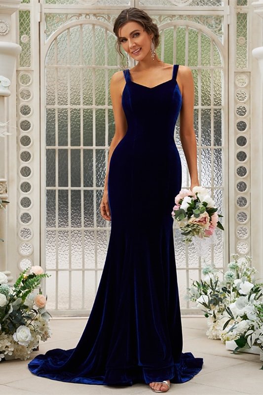 Dark Navy Straps Mermaid Bridesmaid Dress PD0270