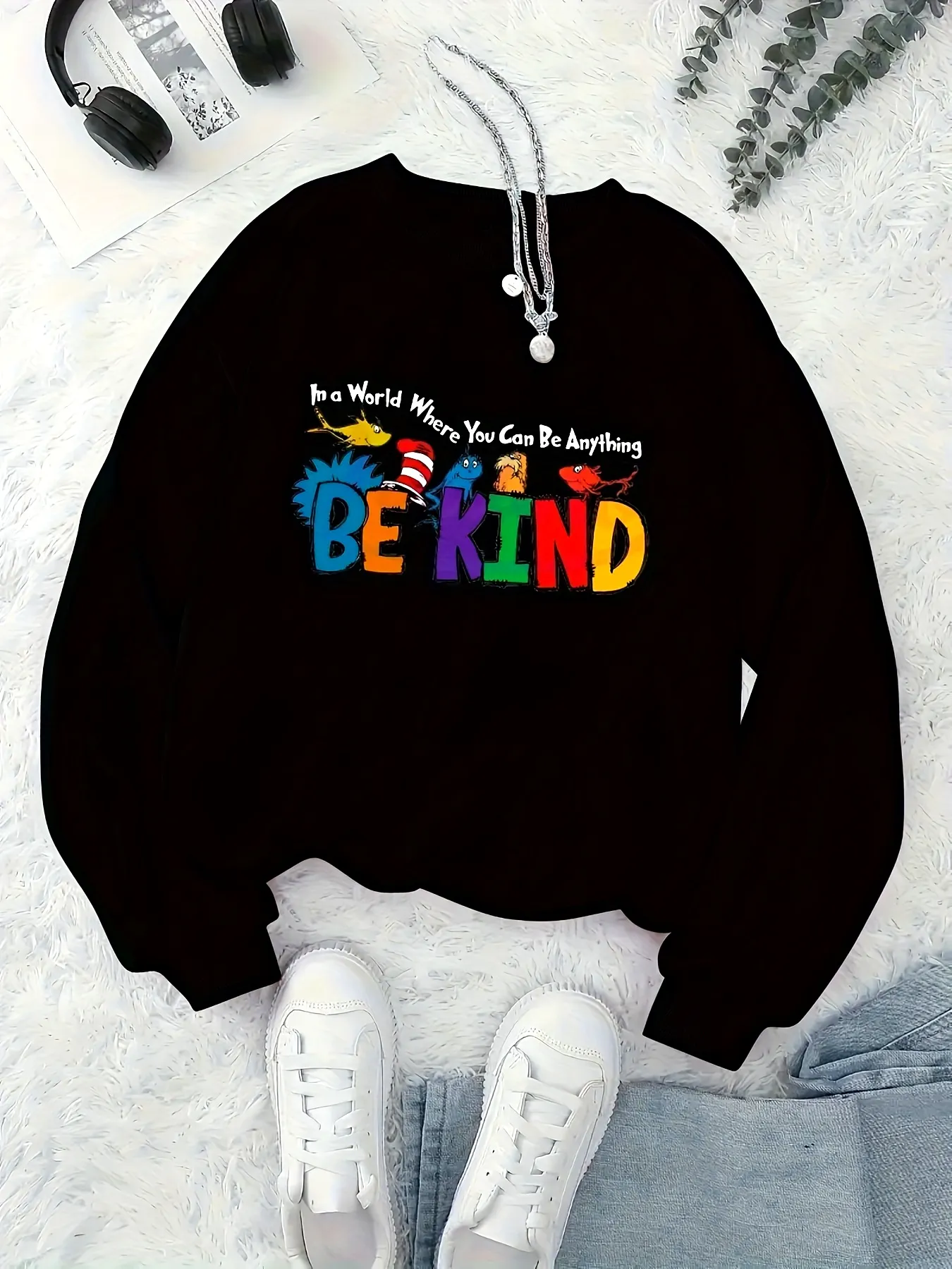 Cartoon Kind Print Pullover Sweatshirt Casual Long Sleeve Crew Neck For Fall Winter Womens | IFYHOME