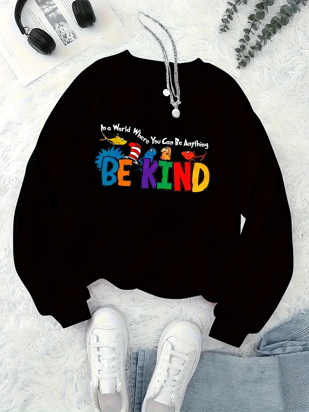 Cartoon Be Kind Print Pullover Sweatshirt, Casual Long Sleeve Crew Neck Sweatshirt For Fall & Winter, Women's Clothing | IFYHOME