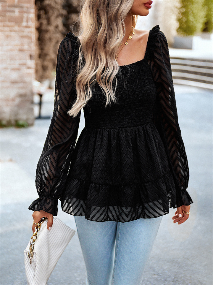 Solid Color Lantern Sleeve Autumn and Winter Temperament Elegant Square Neck Long Sleeve Slim Type Commuter Wind Blouse | 168DEAL