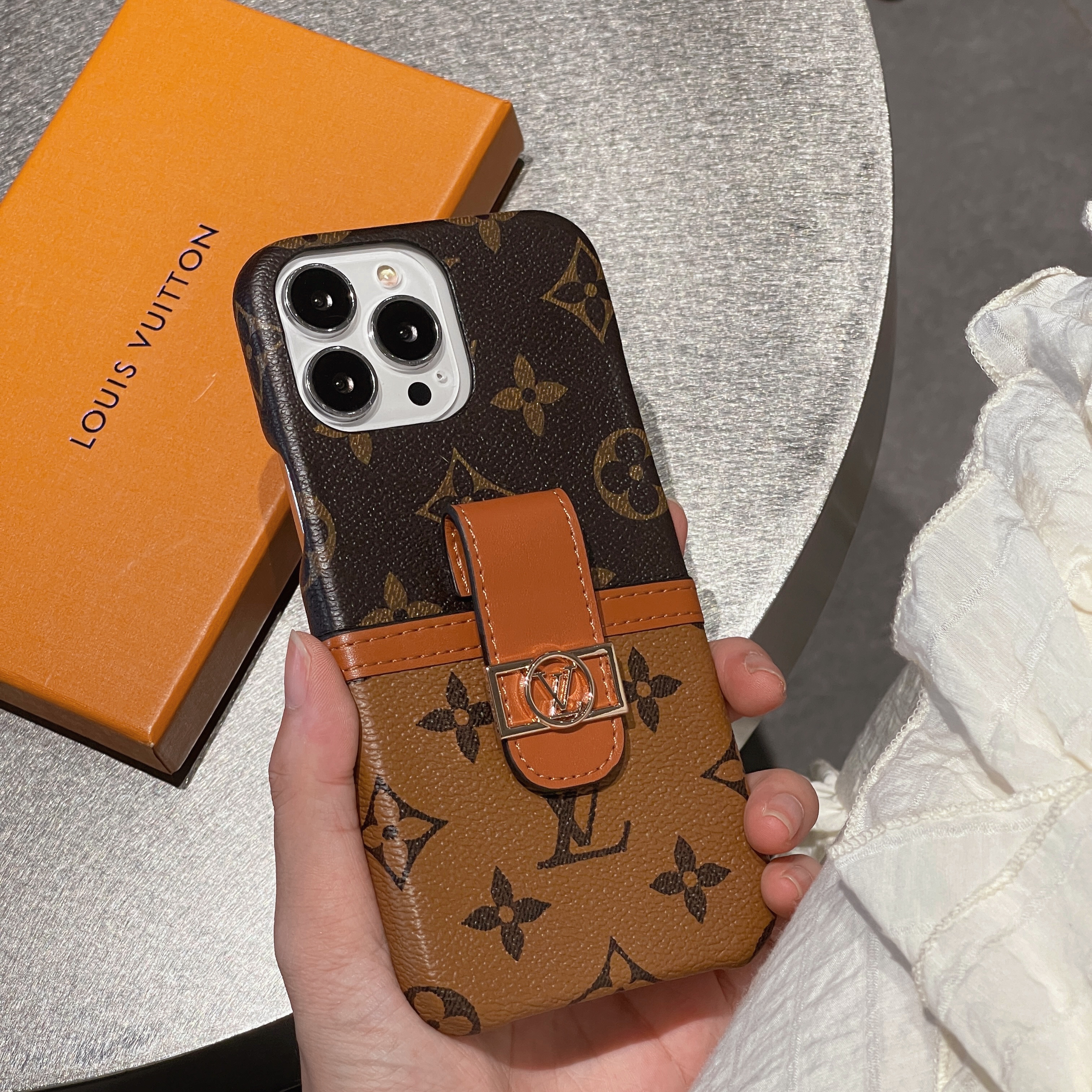 LV Canvas Leather Monogram Security Button Card Apple iPhone Case