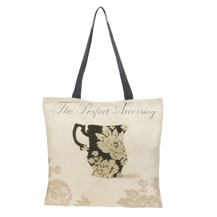 Linen Eco-friendly Tote Bag - Teapot Printed Shoulder Shopping Bag Casual Large Tote Handbag