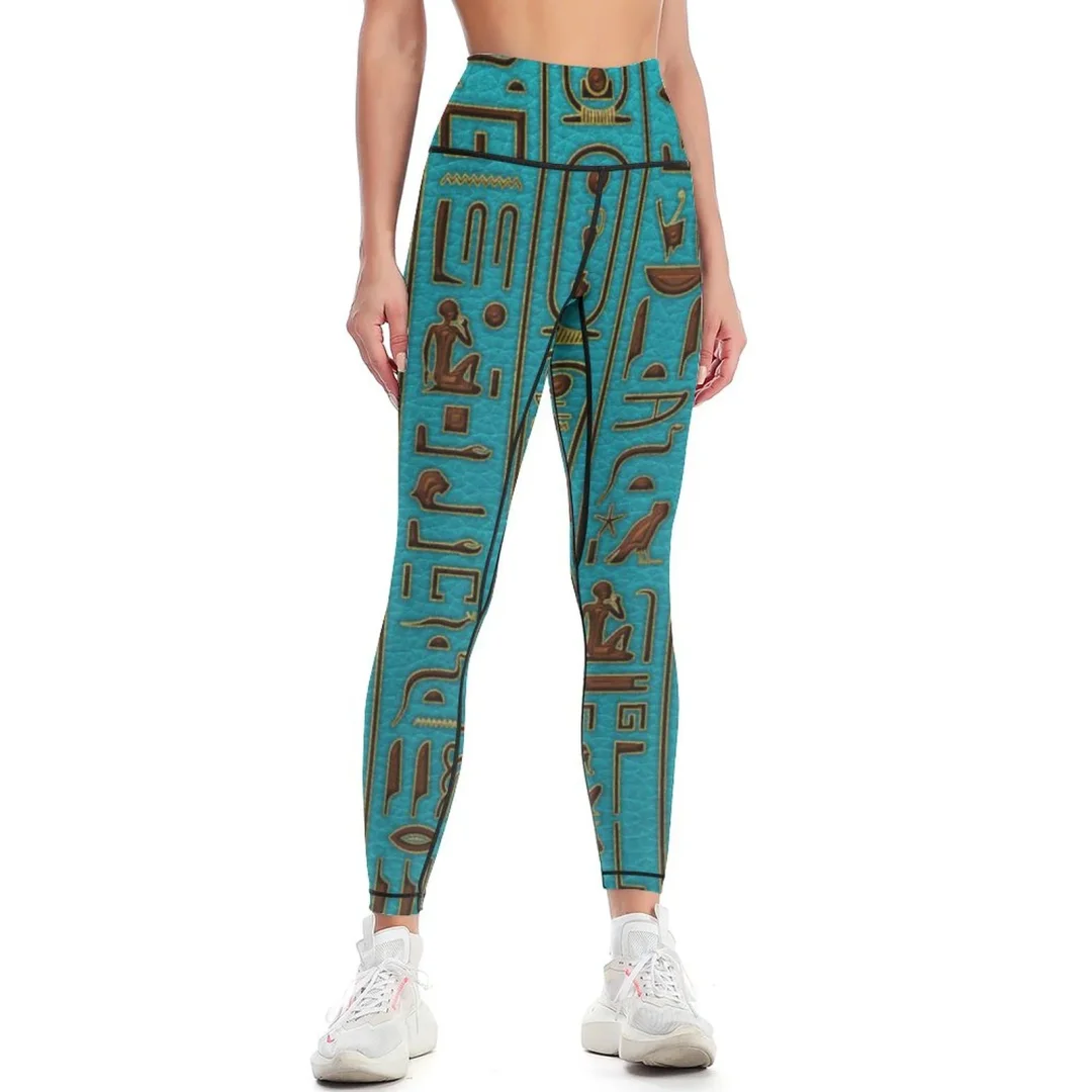 Egyptian Golden Leather Hieroglyphs Embossed Yoga Pants for Women Buttery Soft High Waisted 7/8 Length Workout Leggings