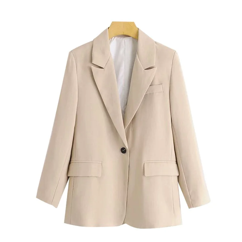 TRAF Women Fashion Office Wear Single Button Blazers Coat Vintage Long Sleeve Pockets Female Outerwear Chic Tops