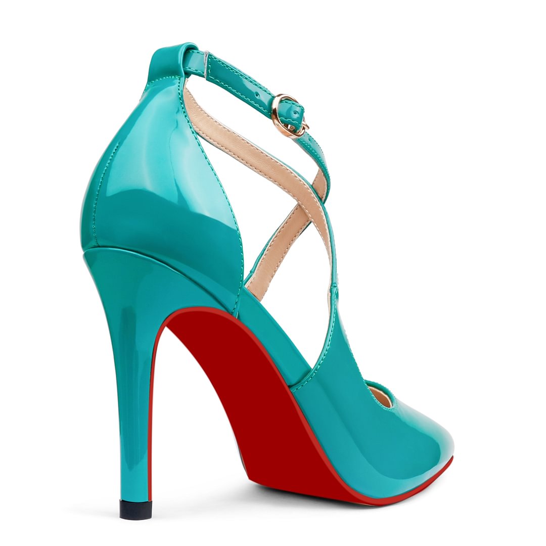 95mm Women's Pointed Toe Cross Strap Heels Ankle Strap Sandals Red Bottoms Pumps Shoes-MERUMOTE