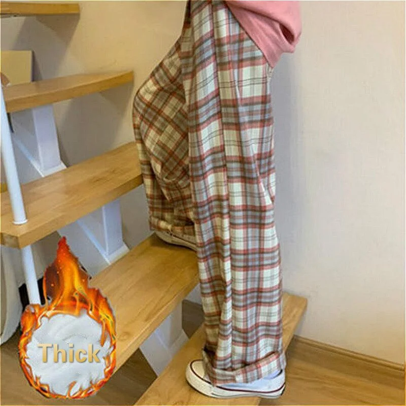 Wide-leg Pants Women Thick Fall Plus Size 4XL Chic Trendy Harajuku Plaid Teens High Waist Trouser Simple Korean Couples Clothing
