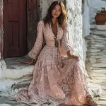 Boho Floral Lace Art Flowy Linen Maxi Dress - Image 2