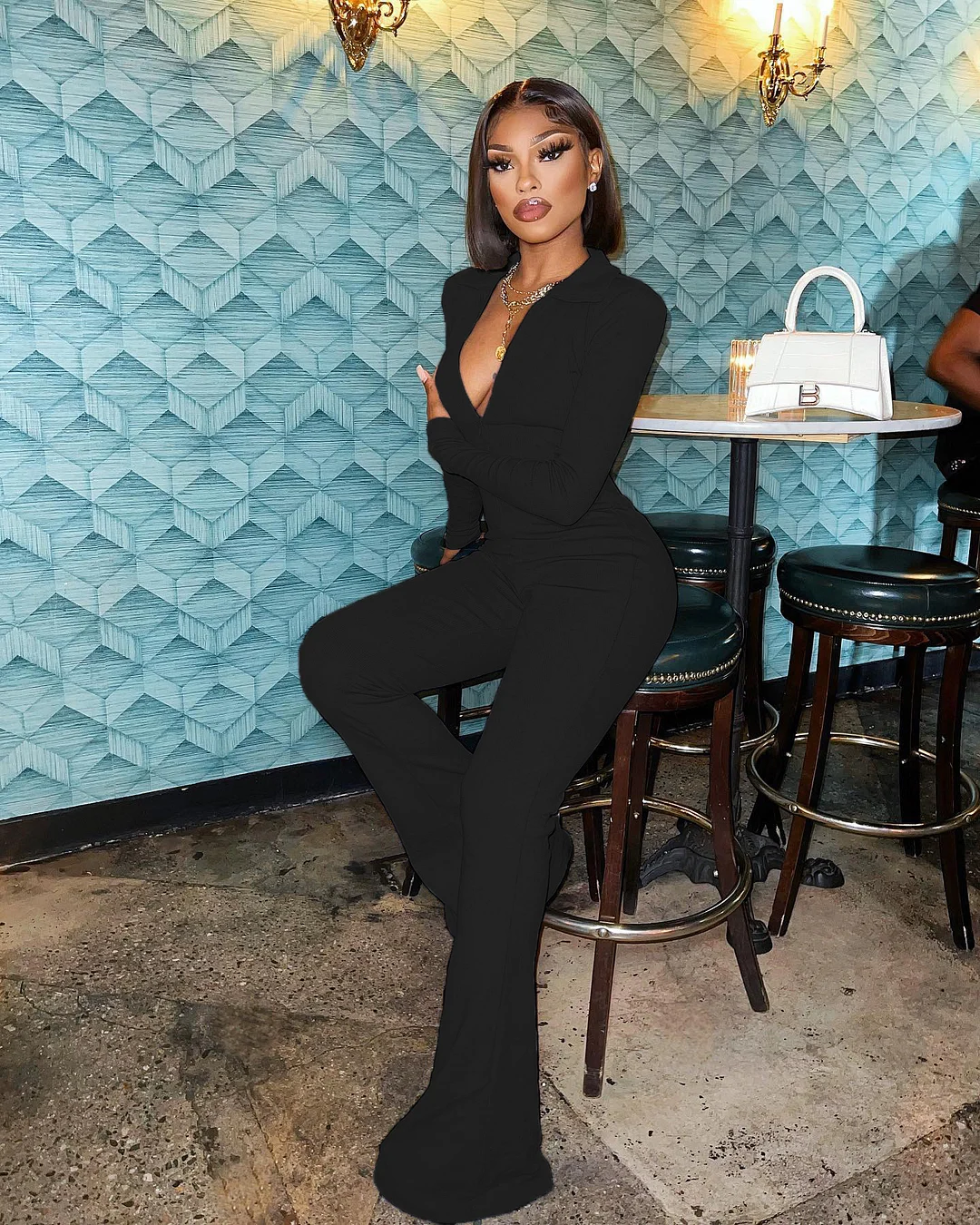 Solid Long Sleeve Front Zipper Skinny Flared Jumpsuit
