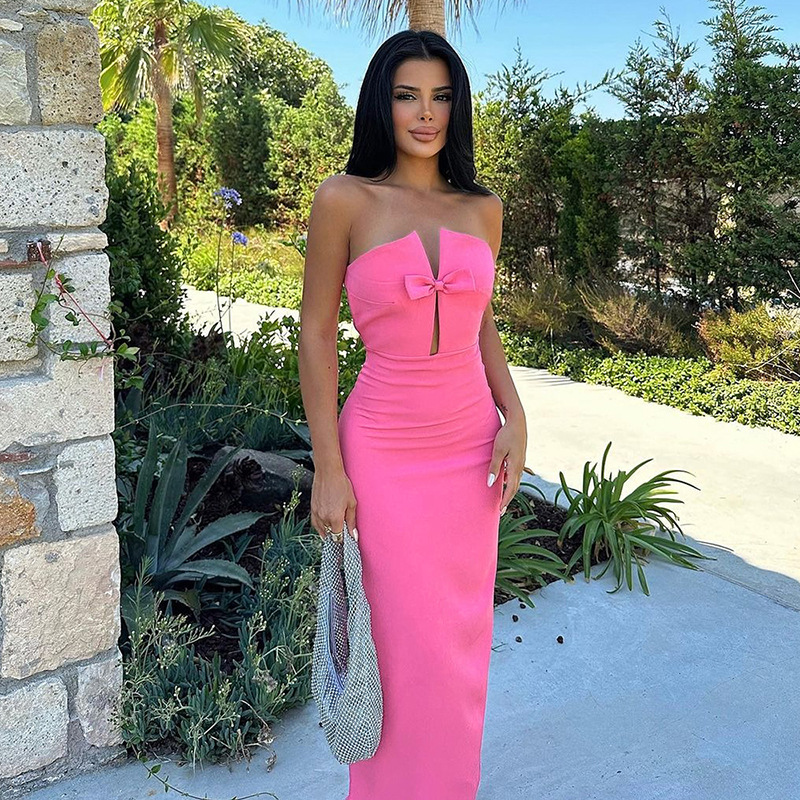 Ootddress Tee Bow Off-Shoulder Slim Long Dress For Women Patchwork Fashion Elegant Hollow Out Backless Clothes Female Party Dress