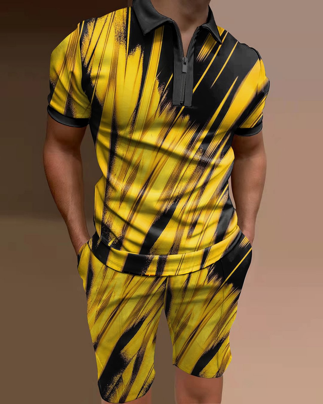 Men's polo shirt diagonal stripe two piece set