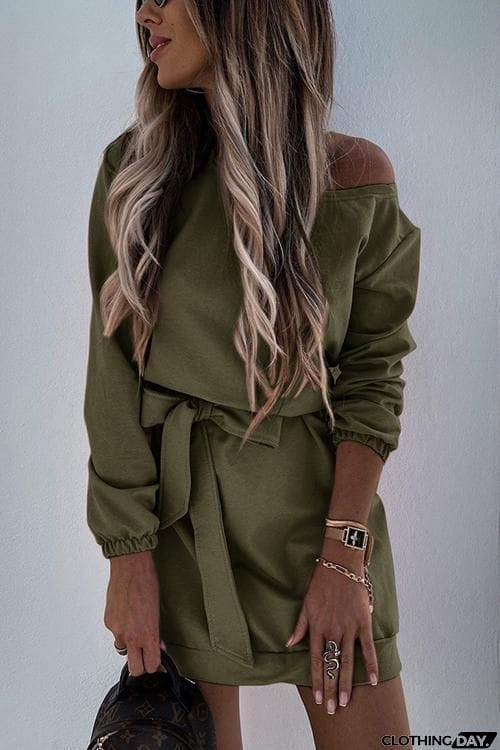 Dew Shoulder Belted Long Sleeve Mini Dress