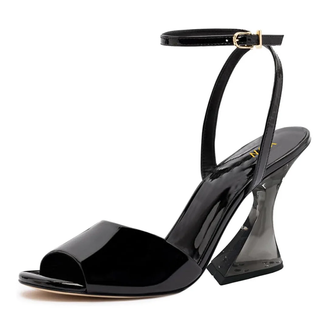 Black Patent Leather Open-Toe Transparent Flared Heel Women's Sandals