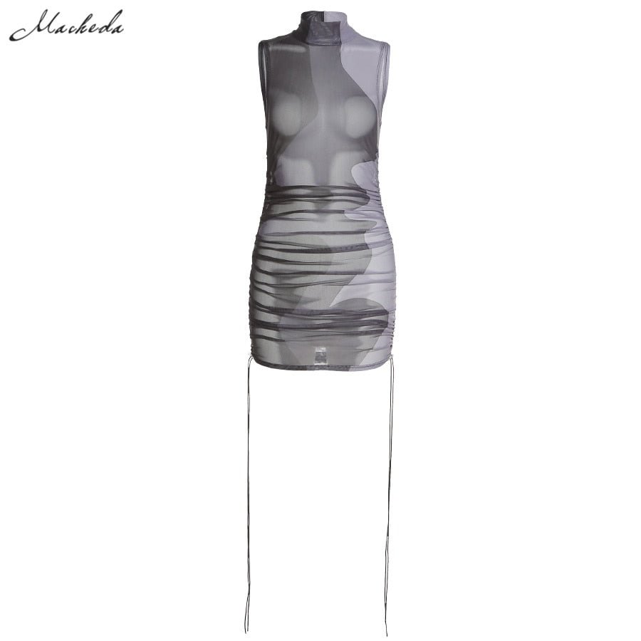 Macheda Spring Sexy Mesh See Through Slim Dress Women Fashion Printing Turtleneck Sleeveless Clothing Lady Bodycon Mini Dresses