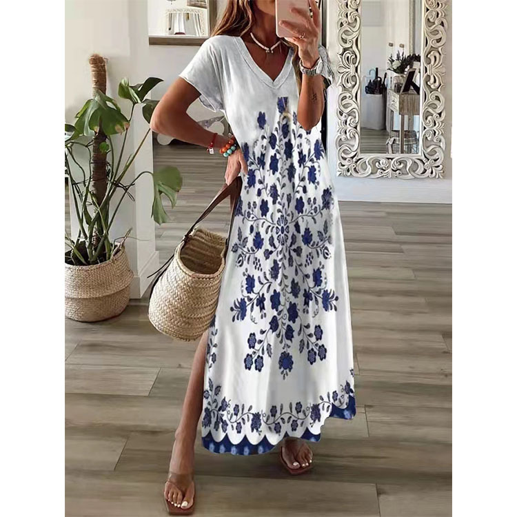 Spring Summer New Loose Leisure Printed Short Sleeve Dress for Women