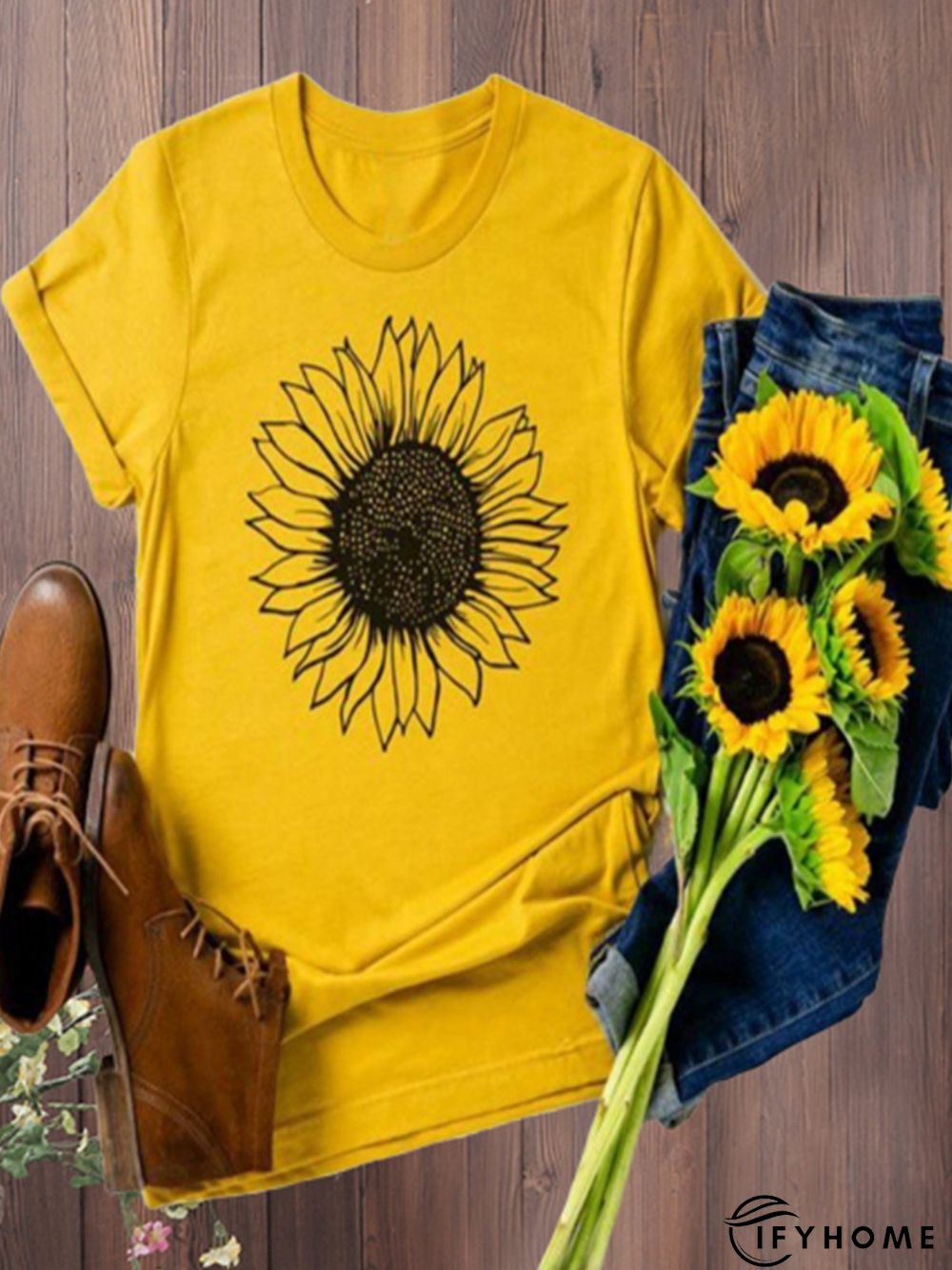Vintage Short Sleeve Sunflower Printed Casual Top | IFYHOME