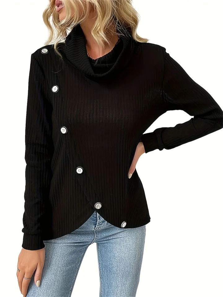 New Solid Color Bottom Stacked Neck Top Long Sleeve Comfortable Casual Irregular Knit Pullover Commuter Style Tops-Cosfine