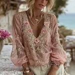 Women's Vintage Pink Floral Embroidered Art V-neck Long Sleeve Linen Blend Blouse - Image 2